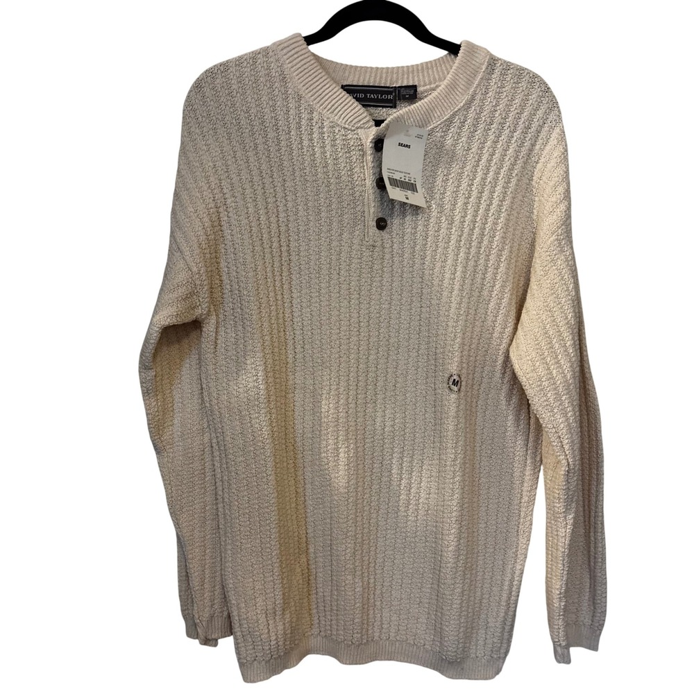 David Taylor Men's Sweater Medium NWT Cream Textured Knit Henley Pullover